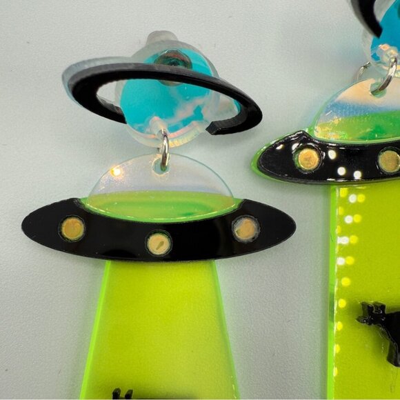 Alien Cow Spaceship Earrings - Neon Green and Black - Acrylic Earrings Pierced - Picture 3 of 7